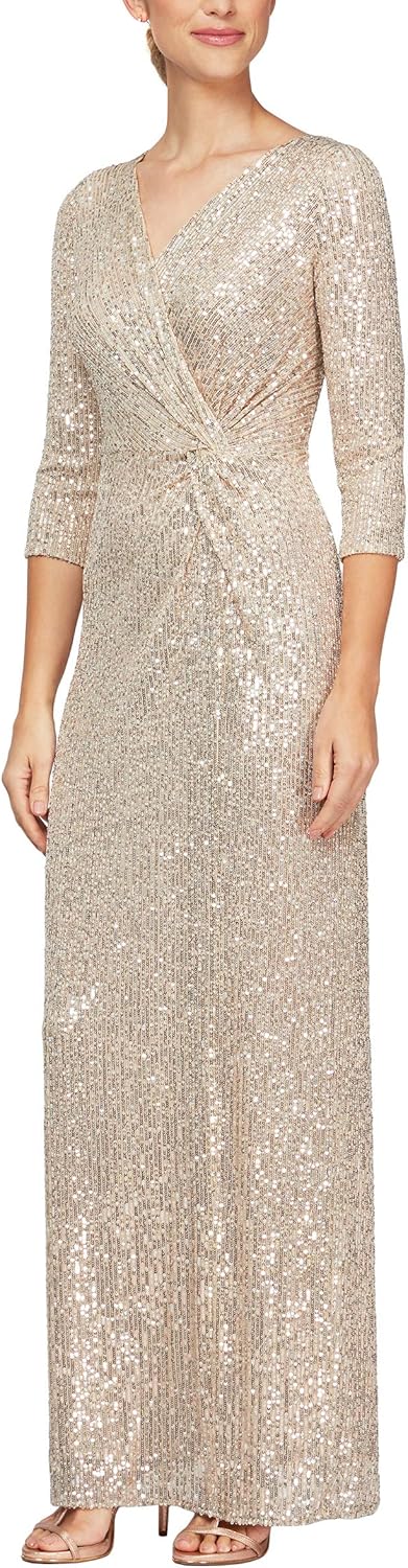 Alex Evenings Women's Long 3\/4 Sleeve Formal Event Dress with Cinched Tie Waist (Petite and Regular Sizes)