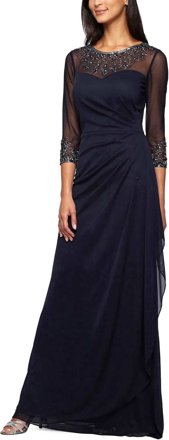 Alex Evenings Women's Long A-line Mother of The Bride Dress with Illusion Neck and Sleeves (Petite and Regular Sizes)