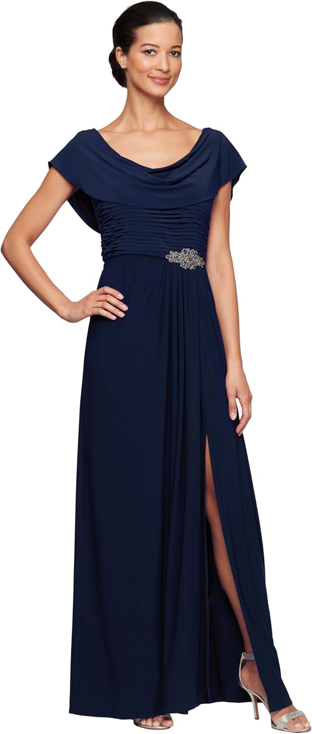 Alex Evenings Women's Long Cowl Neckline Mother of The Bride Dress, Formal Event Gown (Petite and Regular Sizes)