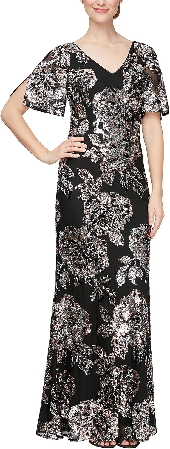 Alex Evenings Women's Long Mother of The Bride Sequin Dress with Cold Shoulder Flutter Sleeves (Petite and Regular Sizes) - Image 13
