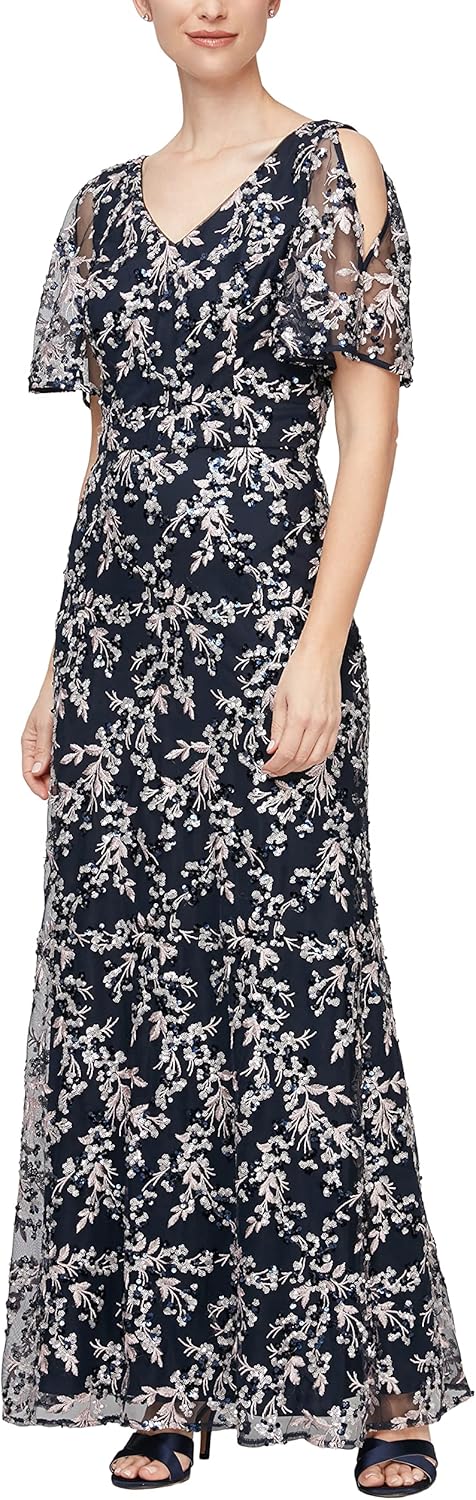 Alex Evenings Women's Long Mother of The Bride Sequin Dress with Cold Shoulder Flutter Sleeves (Petite and Regular Sizes) - Image 8