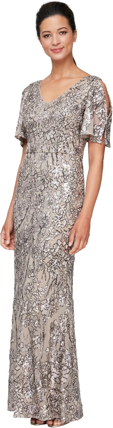 Alex Evenings Women's Long Mother of The Bride Sequin Dress with Cold Shoulder Flutter Sleeves (Petite and Regular Sizes)