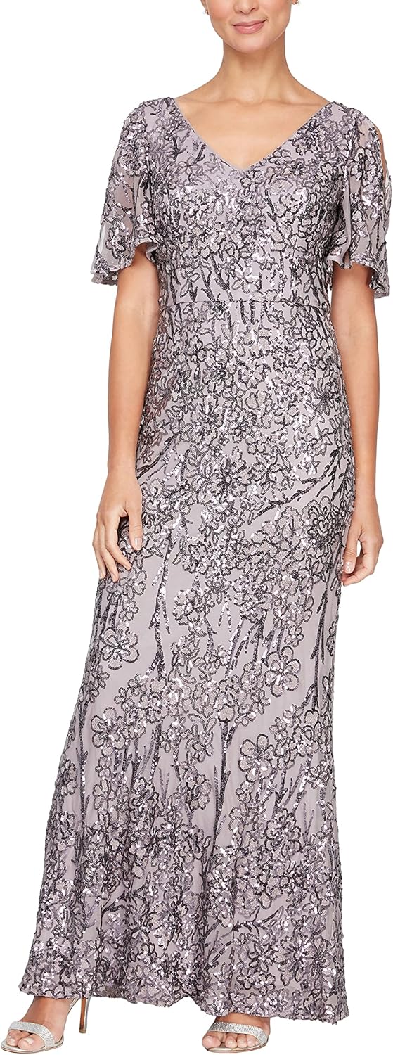 Alex Evenings Women's Long Mother of The Bride Sequin Dress with Cold Shoulder Flutter Sleeves (Petite and Regular Sizes) - Image 15