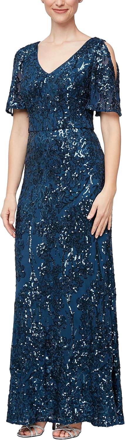 Alex Evenings Women's Long Mother of The Bride Sequin Dress with Cold Shoulder Flutter Sleeves (Petite and Regular Sizes) - Image 4