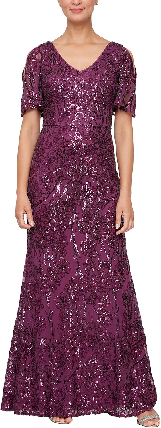 Alex Evenings Women's Long Mother of The Bride Sequin Dress with Cold Shoulder Flutter Sleeves (Petite and Regular Sizes) - Image 9
