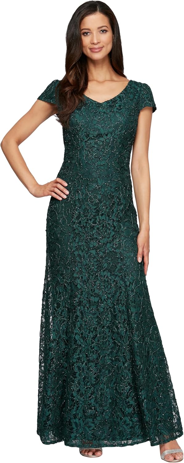 Alex Evenings Women's Long Rosette Mother of The Bride Dress with Short Sleeves, Wedding Guest (Petite and Regular Sizes)