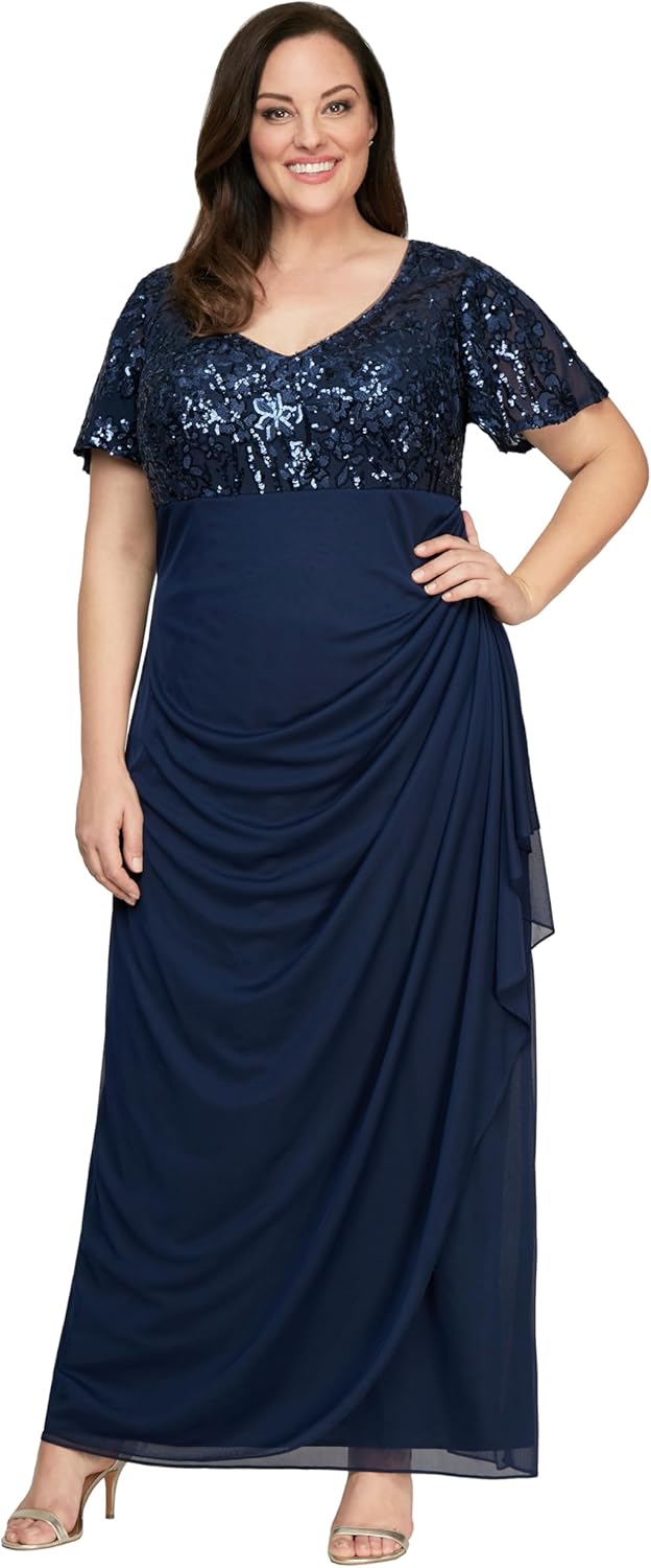 Alex Evenings Women's Long Stretch Sequin Bodice Mother of The Bride Dress with Empire Waist (Plus Size) - Image 4