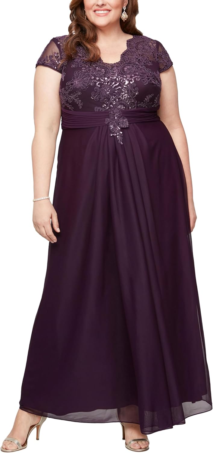 Alex Evenings Women's Long Stretch Sequin Bodice Mother of The Bride Dress with Empire Waist (Plus Size)