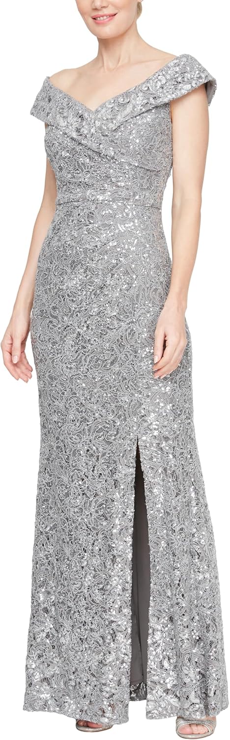 Alex Evenings Women's Off The Shoulder Fit and Flare Dress, Lace and Sequined Elegance for Mother of The Bride Or Groom