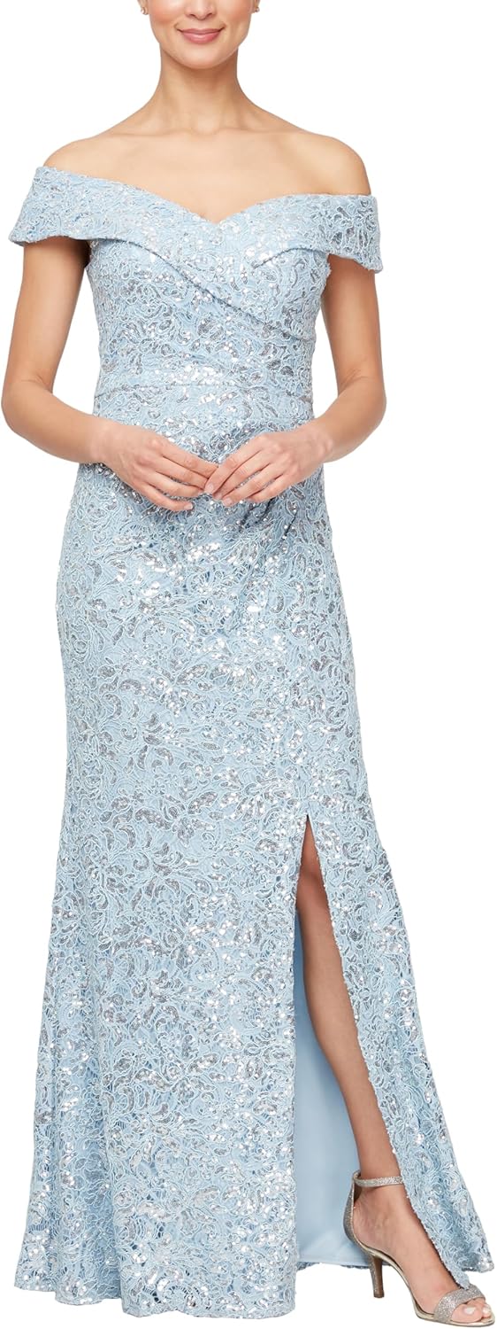 Alex Evenings Women's Off The Shoulder Fit and Flare Dress-lace and Sequined Elegance for Mother of The Bride Or Groom