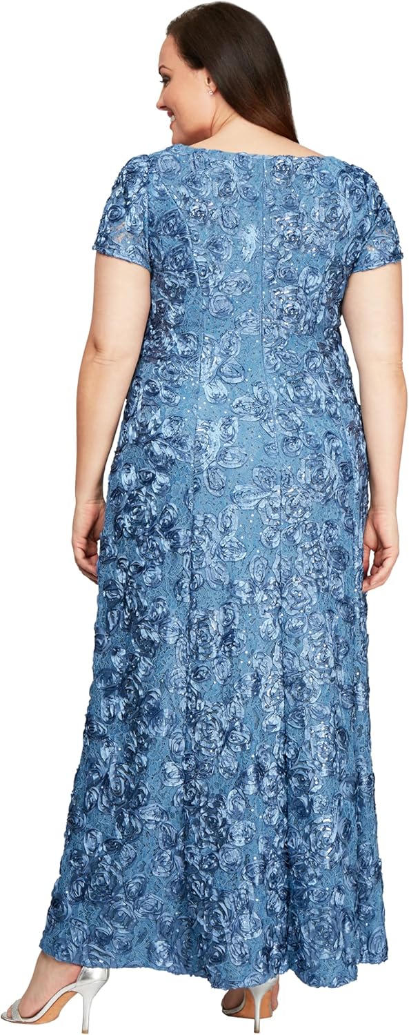Alex Evenings Women's Plus Long Rosette Mother of The Bride Dress with Short Sleeves, Formal Gown, Wedding Guest - Image 2