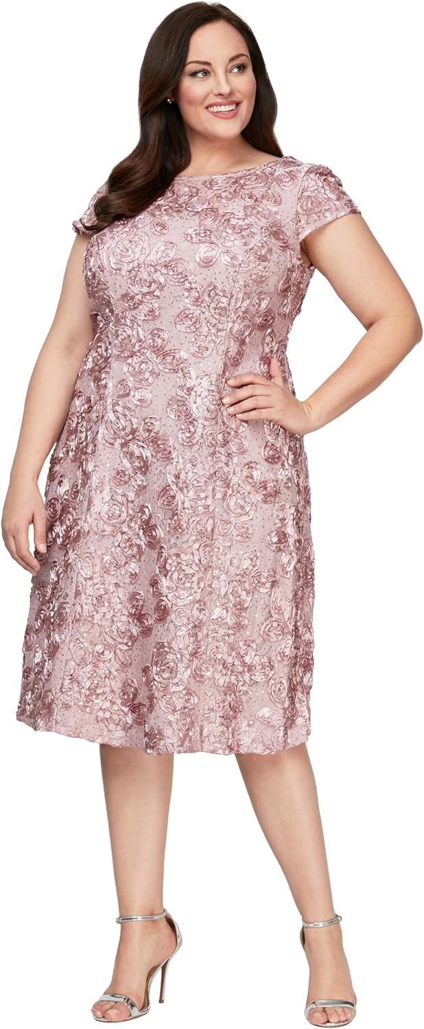 Alex Evenings Women's Plus Size Tea Length Dress with Rosette Detail