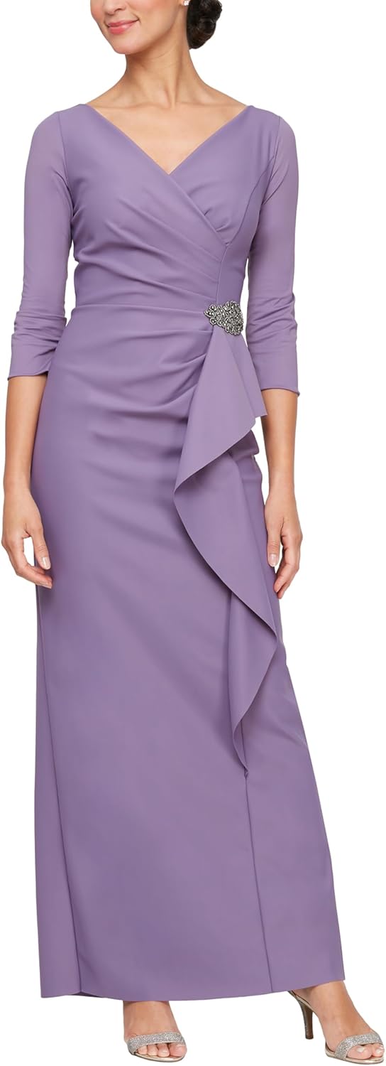 Alex Evenings Women's Slimming Long Length ¾ Sleeve Mother of The Bride Dress with Cascade Ruffle Skirt and Side Ruching - Image 6