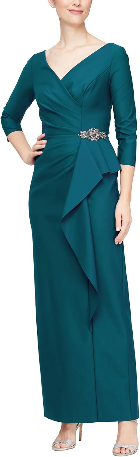 Alex Evenings Women's Slimming Long Length ¾ Sleeve Mother of The Bride Dress with Cascade Ruffle Skirt and Side Ruching