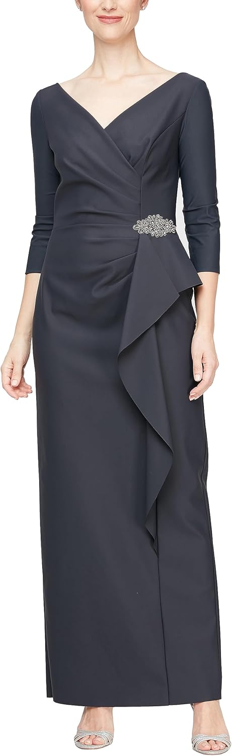 Alex Evenings Women's Slimming Long Length ¾ Sleeve Mother of The Bride Dress with Cascade Ruffle Skirt and Side Ruching - Image 8