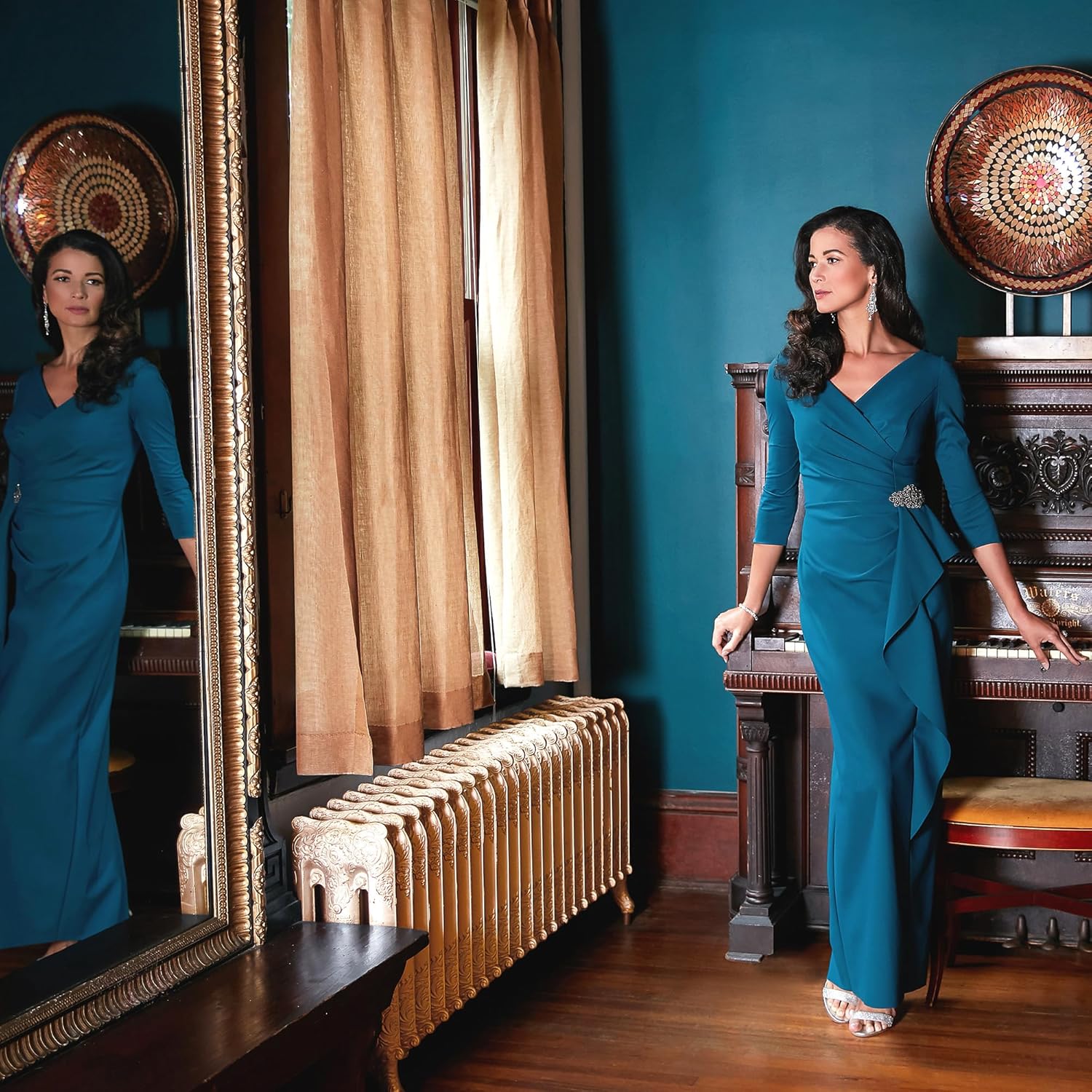 Alex Evenings Women's Slimming Long Length ¾ Sleeve Mother of The Bride Dress with Cascade Ruffle Skirt and Side Ruching - Image 4