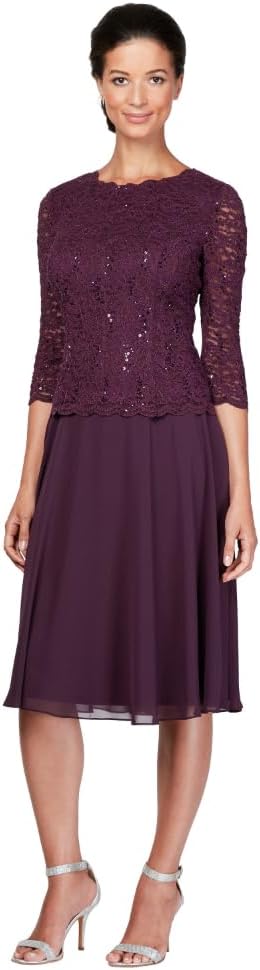 Alex Evenings Women's Tea Length Embroidered Bodice Mother of The Bride Gown, Wedding Guest Dress