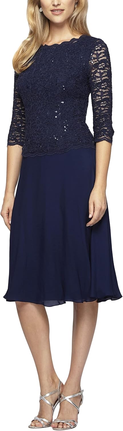 Alex Evenings Women's Tea Length Embroidered Bodice Mother of The Bride Gown, Wedding Guest Dress (Petite and Regular Sizes)