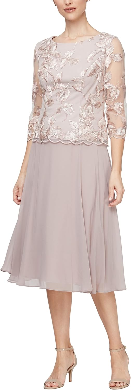 Alex Evenings Women's Tea Length Embroidered Bodice Mother of The Bride Gown, Wedding Guest Dress (Petite and Regular Sizes) - Image 7