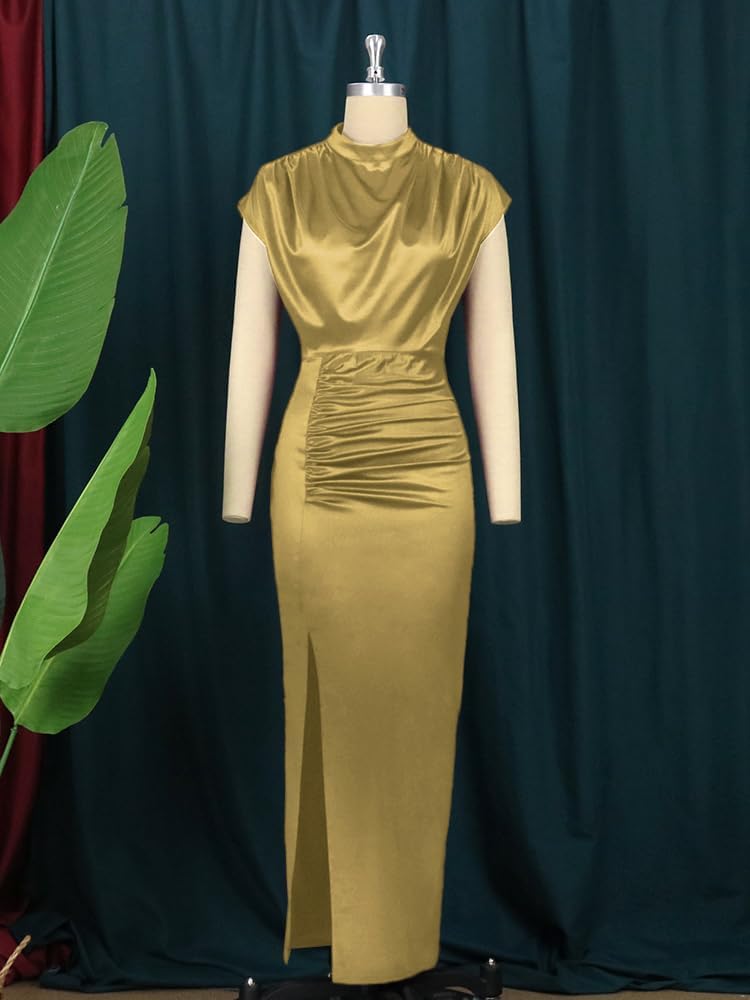 AOMEI Women's Cap Sleeve High Waist Ruched Slit Slim Elegant Long Satin Formal Dress - Image 3