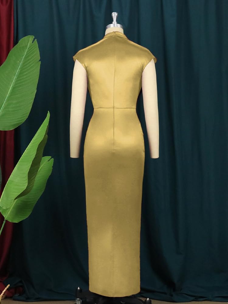 AOMEI Women's Cap Sleeve High Waist Ruched Slit Slim Elegant Long Satin Formal Dress - Image 4