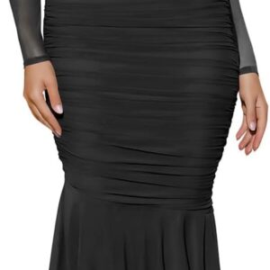 Atizon Women's Ruched Bodycon Long Sleeve Square Neck Wedding Guest Dress Formal Mermaid Evening Cocktail Party Maxi Dresses