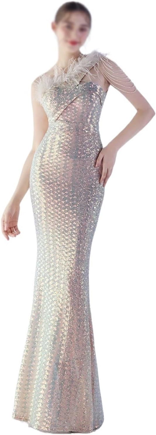 AUOGU Vertical Long Slim-fit Dress Evening Gown Women's Party Socialite Sequins