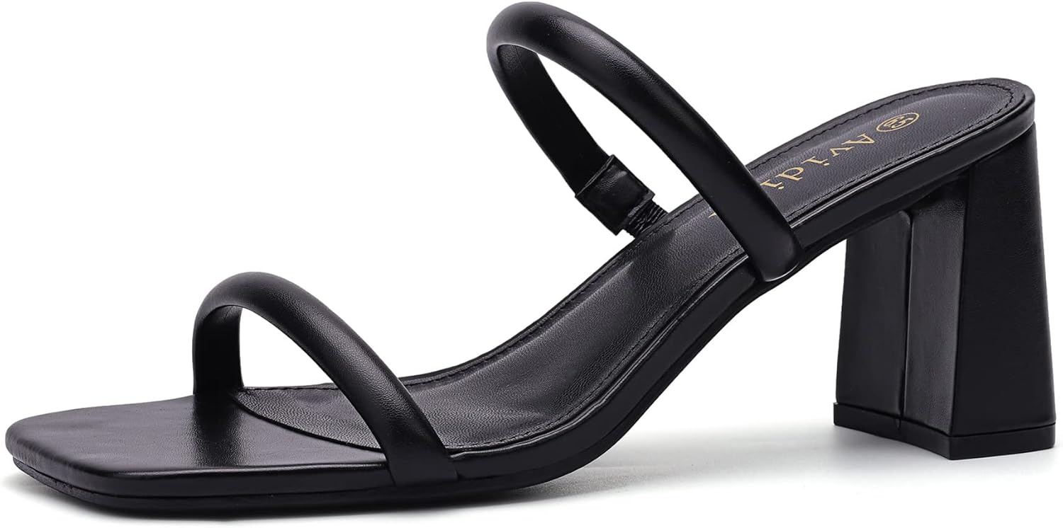 Avidirk Women's Square Open Toe Heeled Sandals Two Strap Mules Slip On Block Chunky Mid Heels Sandals