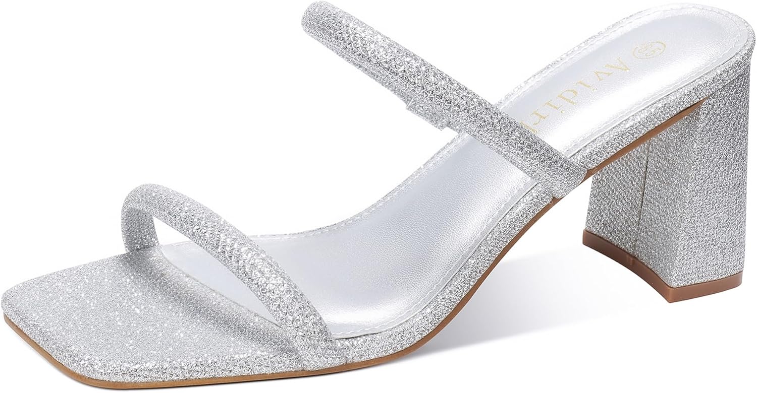 Avidirk Women's Square Open Toe Heeled Sandals Two Strap Mules Slip On Block Chunky Mid Heels Sandals - Image 10