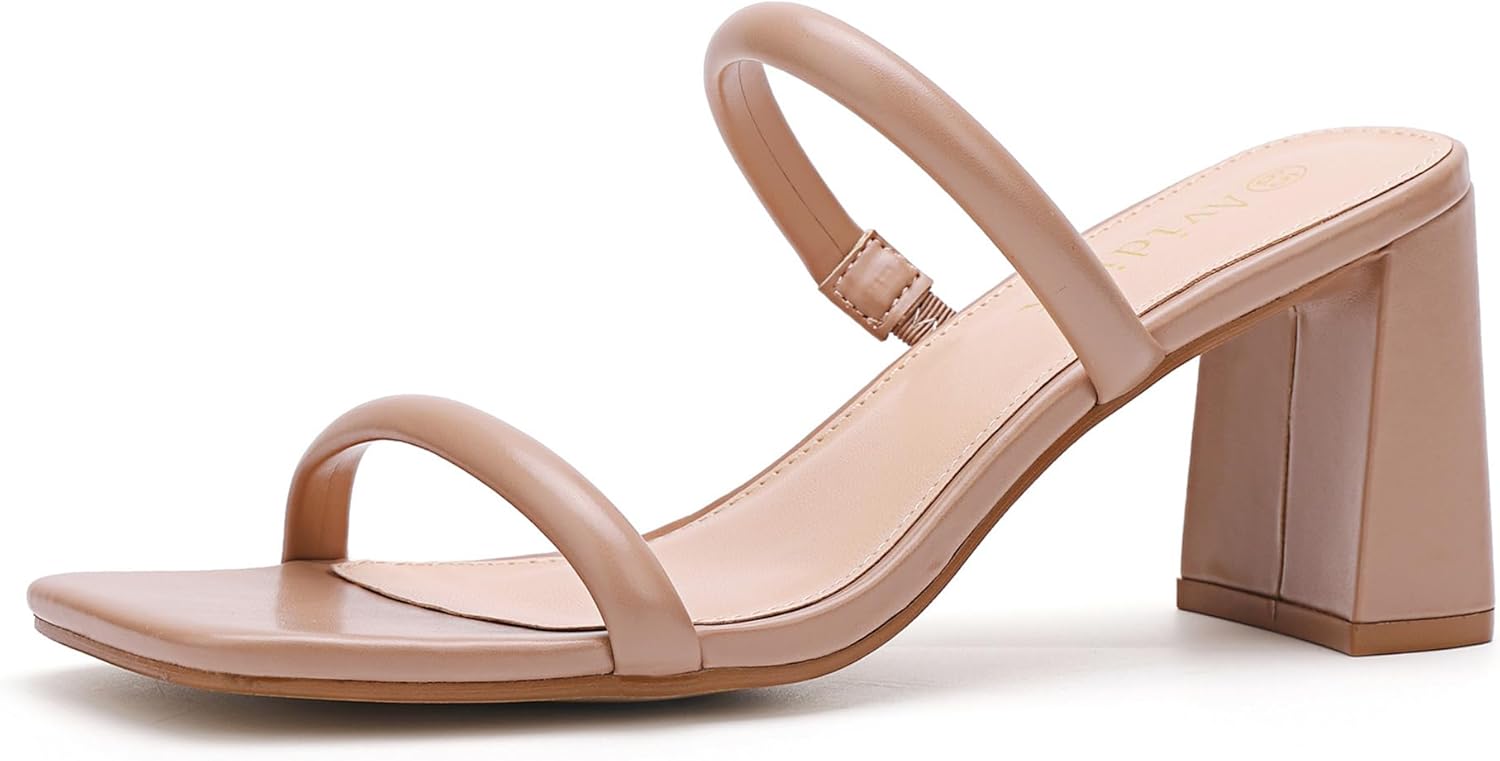 Avidirk Women's Square Open Toe Heeled Sandals Two Strap Mules Slip On Block Chunky Mid Heels Sandals - Image 13