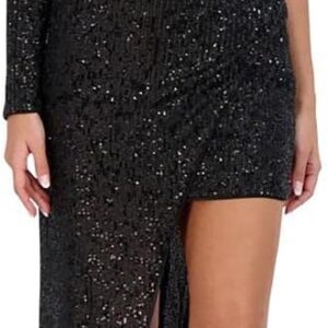 BCBGMAXAZRIA Women's Fitted Floor Length Evening Gown One Long Sleeve Asymmetrical Neck High Low Hem Dress