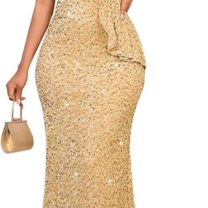 Cololura Women Sexy Sequin One Shoulder Mermaid Formal Party Cocktail Gowns Bodycon Evening Maxi Dress