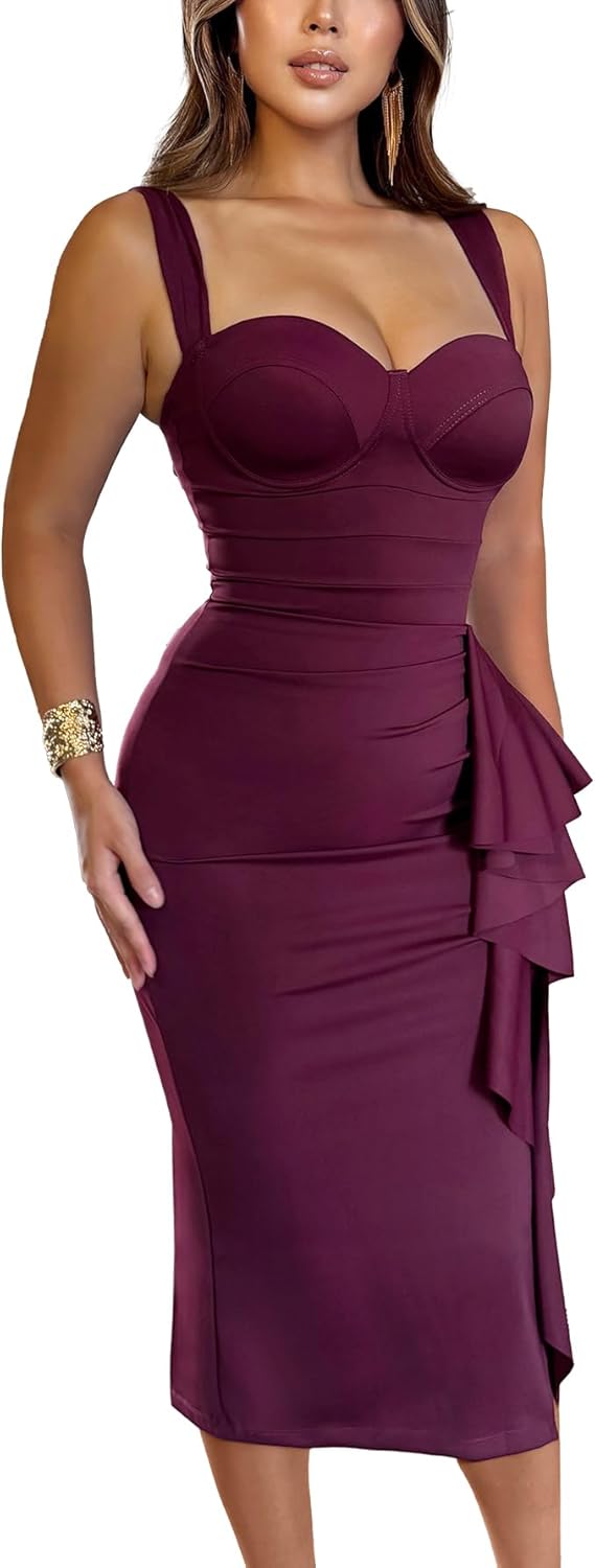 CurvySweet Women's Formal Evening Midi Cocktail Dress Built-in Bra Ruched Sleeveless Slit Ruffle Fall Wedding Guest Dresses - Image 9