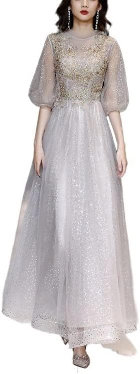 DAVBIR Long Sleeves Prom Dresses Elegant O-Neck Appliques Lace A-line Floor-Length Long Women Evening Gowns Optimal Choice (Color : As Shown, Size : Small)