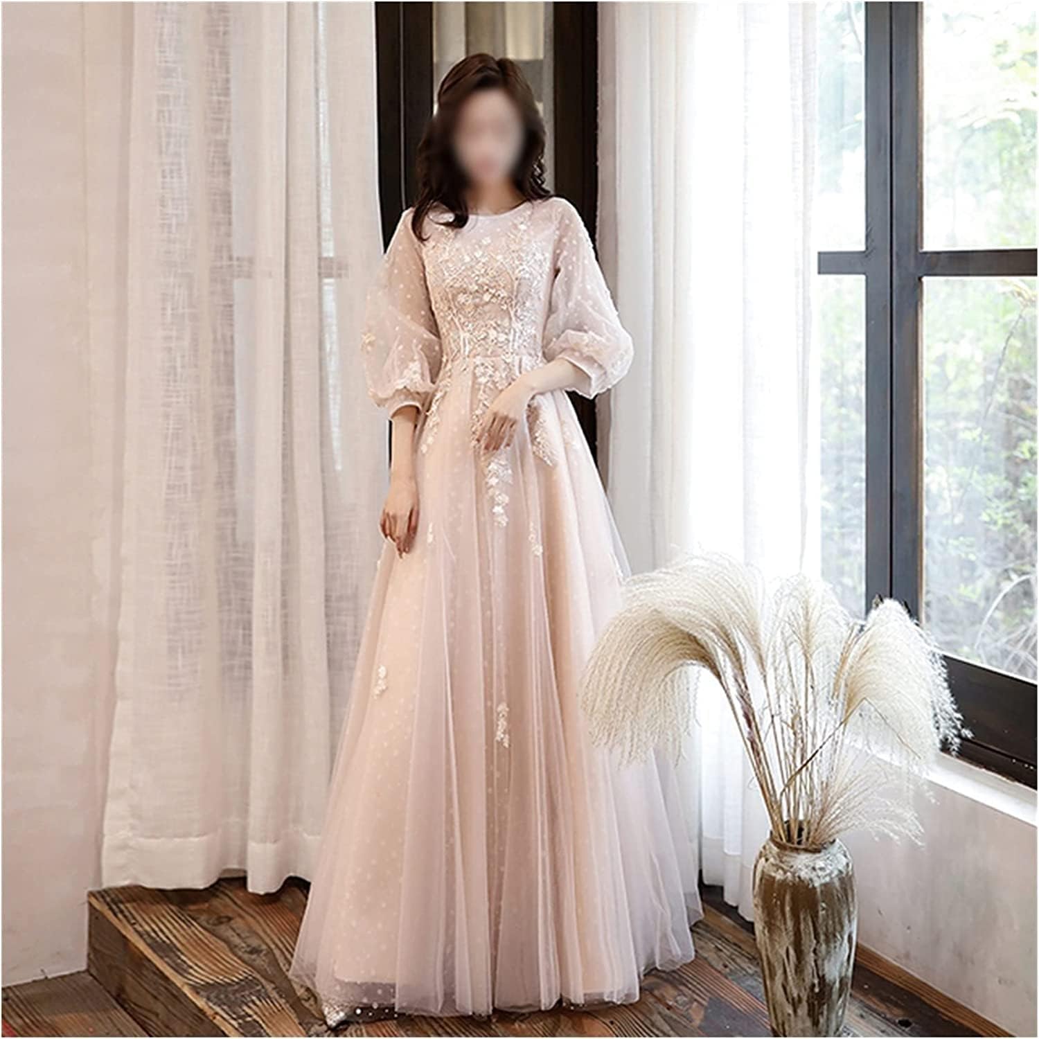 DAVBIR Long Sleeves Prom Dresses Elegant O-Neck Appliques Lace A-line Floor-Length Long Women Evening Gowns Optimal Choice (Color : As Shown, Size : Small)