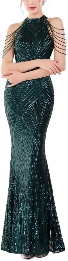 DAVBIR Off Shoulder Sequin Evening Dress Skinny Long Dress Women's Party,Elegant Long Neckline Sequin Fishtail Evening Dress