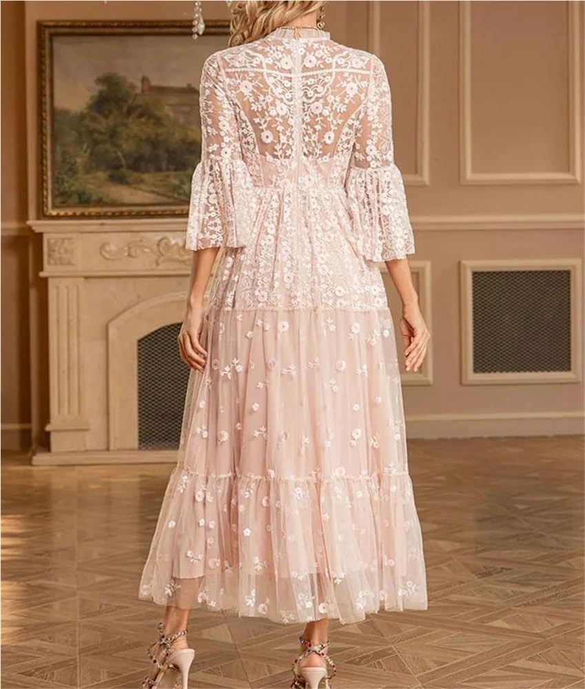 DHFIRUFSHLO Women Embroidered Mesh Ruffle Dress High Waist Tiered Banquet Evening Party Dress - Image 6