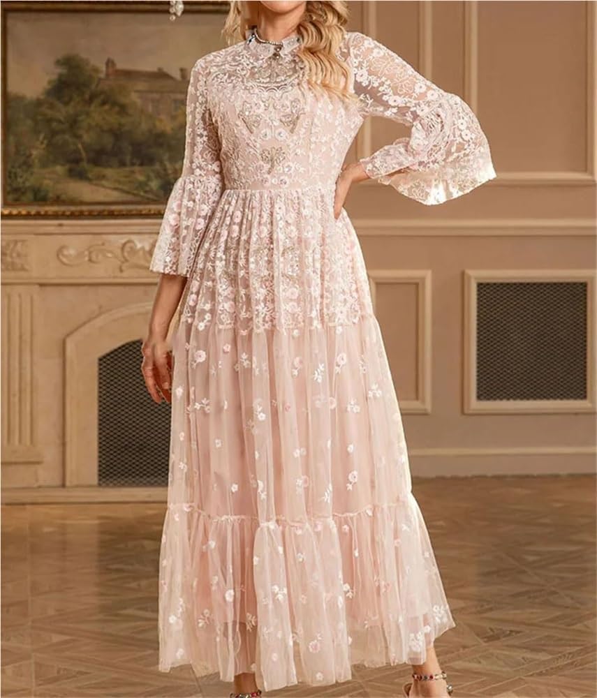 DHFIRUFSHLO Women Embroidered Mesh Ruffle Dress High Waist Tiered Banquet Evening Party Dress - Image 3