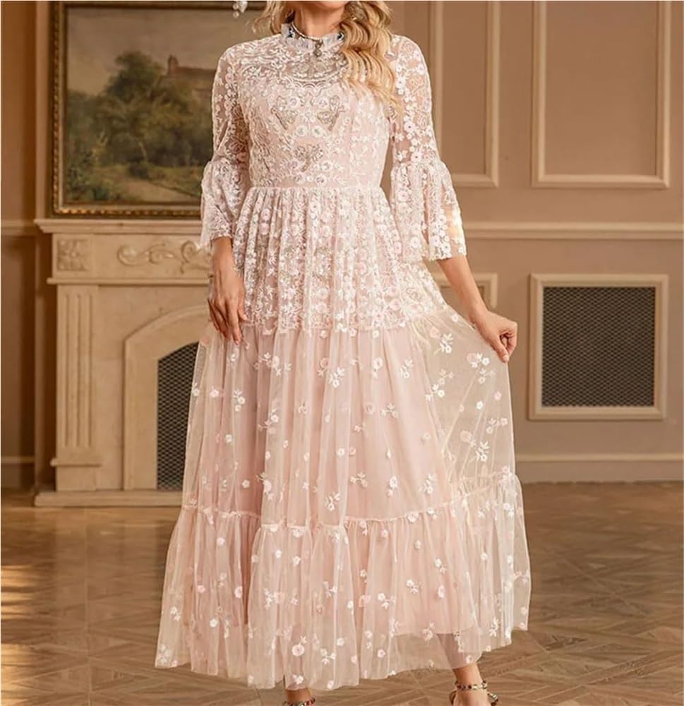 DHFIRUFSHLO Women Embroidered Mesh Ruffle Dress High Waist Tiered Banquet Evening Party Dress - Image 4