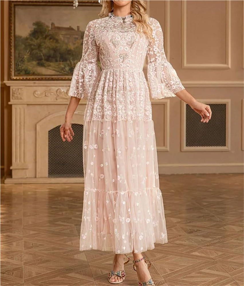 DHFIRUFSHLO Women Embroidered Mesh Ruffle Dress High Waist Tiered Banquet Evening Party Dress - Image 2