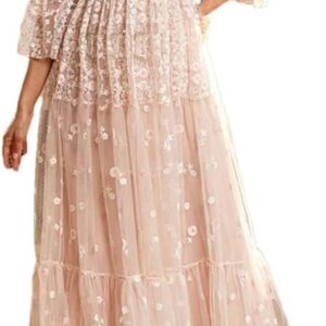 DHFIRUFSHLO Women Embroidered Mesh Ruffle Dress High Waist Tiered Banquet Evening Party Dress