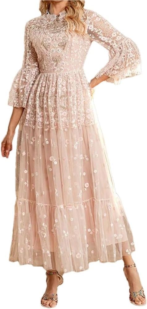 DHFIRUFSHLO Women Embroidered Mesh Ruffle Dress High Waist Tiered Banquet Evening Party Dress