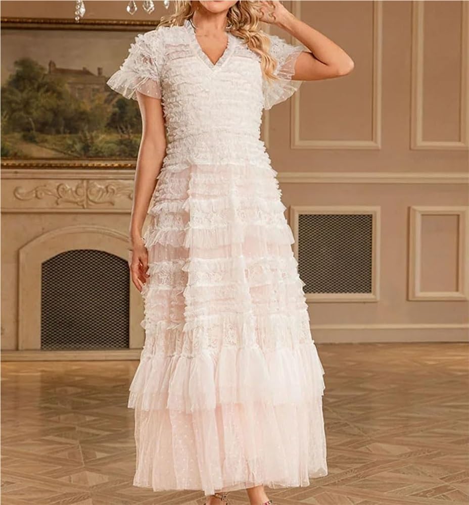 DHFIRUFSHLO Women Ruffle Mesh Long Dress Short Sleeve Party Evening Dress Summer Formal Wear - Image 2