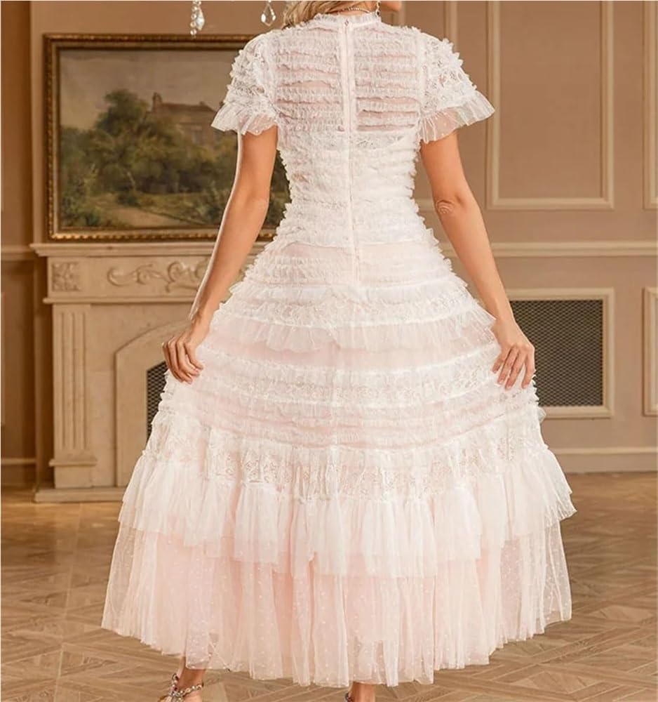 DHFIRUFSHLO Women Ruffle Mesh Long Dress Short Sleeve Party Evening Dress Summer Formal Wear - Image 6