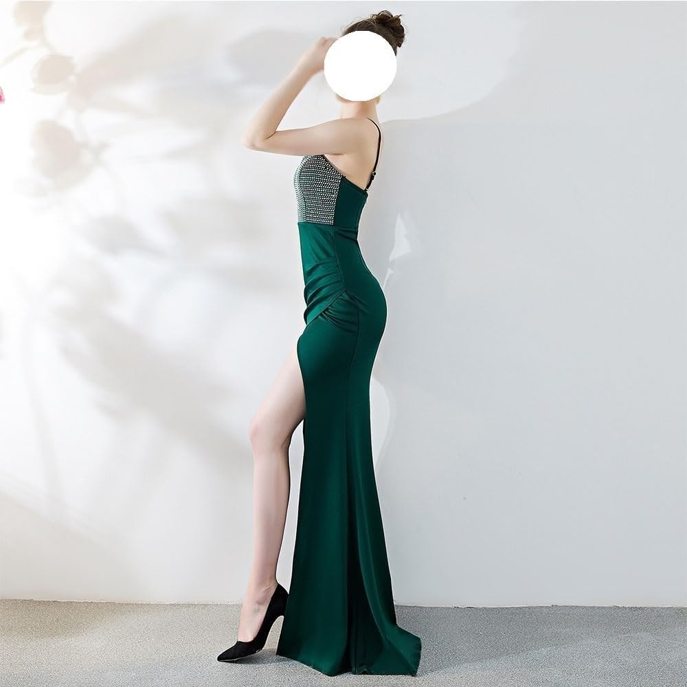 DHFIRUFSHLO Women's Dark Green Satin Sling Side Slit Cocktail Banquet Party Dress Sexy Sleeveless Evening Gown - Image 3