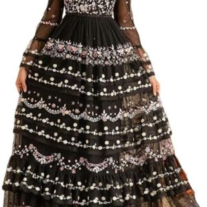 DHFIRUFSHLO Women's Embroidered Sequin Long Dress Holiday Party Evening Gown Elegant Dress