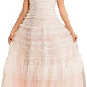 DHFIRUFSHLO Women's Ruffle Mesh Long Party Dress Short Sleeve Evening Dresses