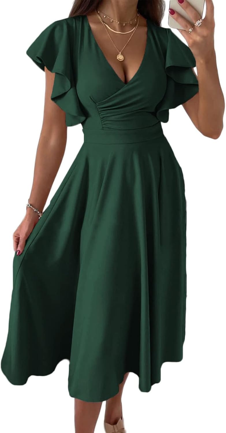 Dokotoo Women's V Neck Elegant Party Dress Short Sleeve Skater Dress Wedding Guest Dresses - Image 10