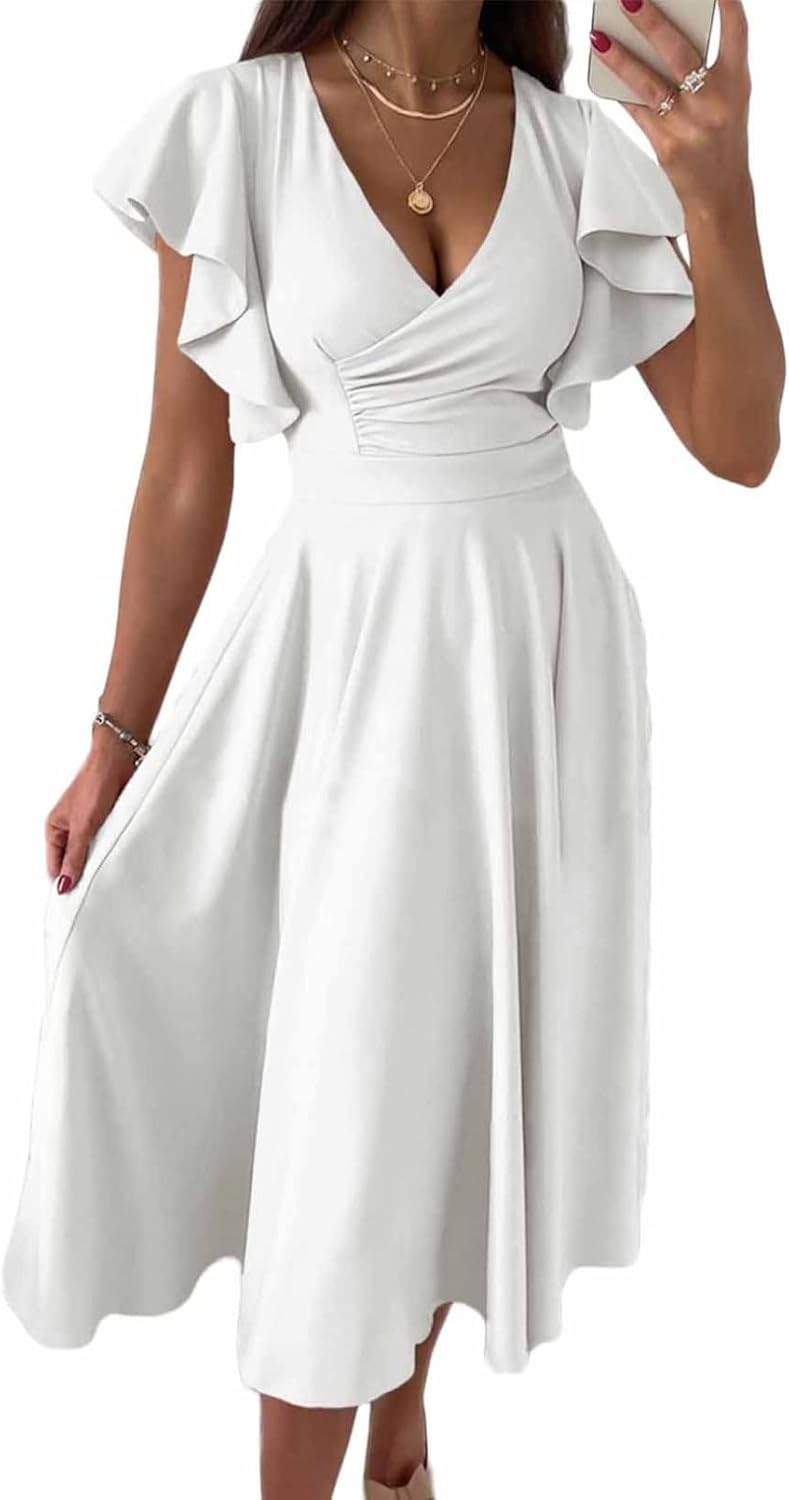 Dokotoo Women's V Neck Elegant Party Dress Short Sleeve Skater Dress Wedding Guest Dresses - Image 12