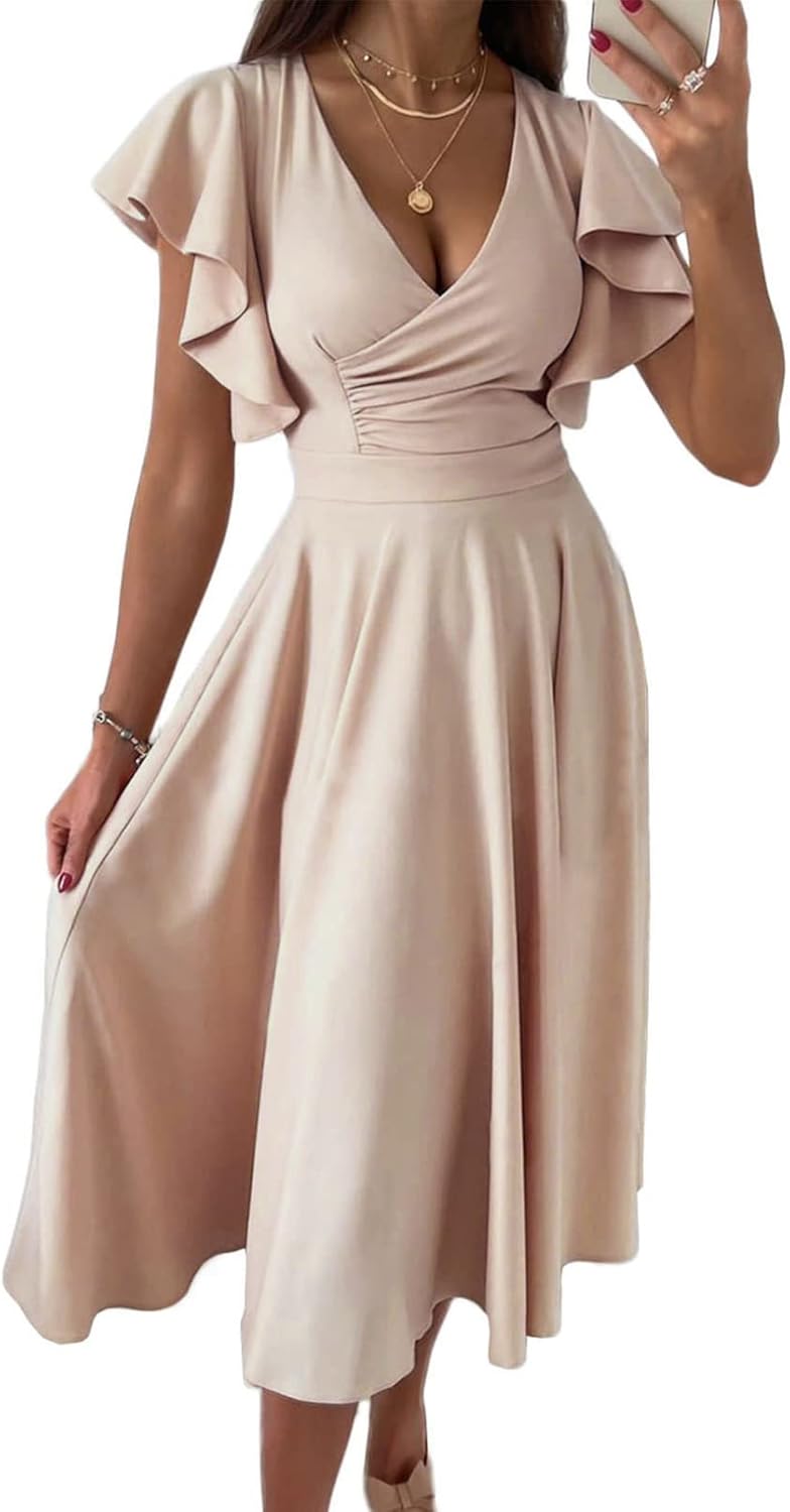 Dokotoo Women's V Neck Elegant Party Dress Short Sleeve Skater Dress Wedding Guest Dresses - Image 9